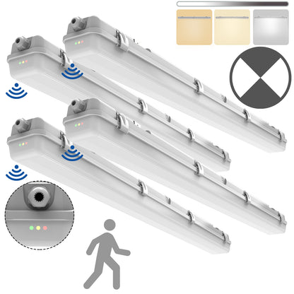 Walrusled 4FT Motion Sensor LED Wraparound Vapor Tight Emergency Batten Light, 3 CCT Power Selectable 20W/40W 2500lm/5000lm, Battery Backup, 3000K/4000K/5000K, IP65, Dimmable 4 Foot LED Wrap Waterproof Light, 120CM Flush Mount Vapor Proof Ceiling Fixture