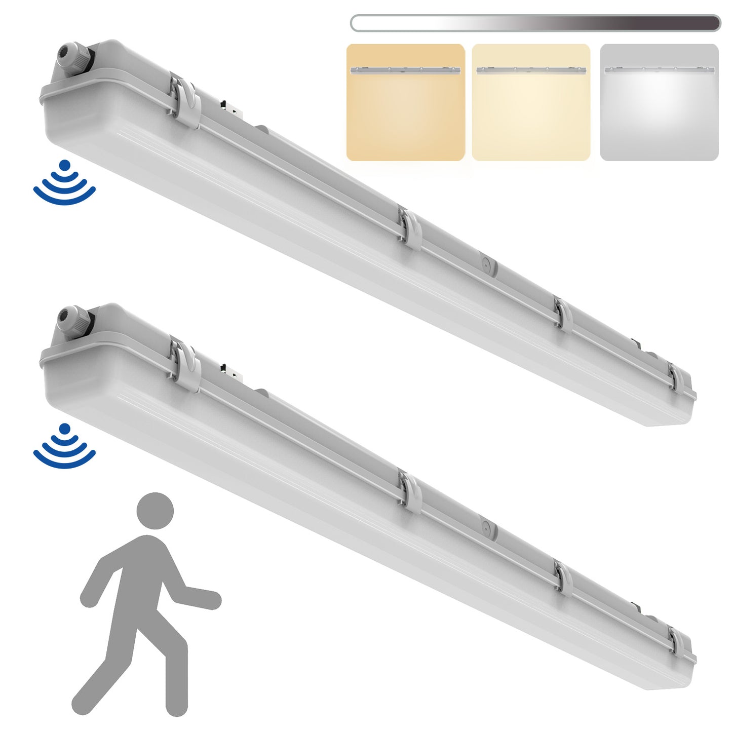 Walrusled 4FT Motion Sensor LED Wraparound Vapor Tight Batten Light, 2 Wattages/3 CCT Selectable 20W/40W 2500lm/5000lm 3000K/4000K/5000K, 100-277V, IP65, Dimmable 4 Foot LED Wrap Waterproof Light Fixture, 120CM Flush Mount Led Vapor Proof Ceiling Light