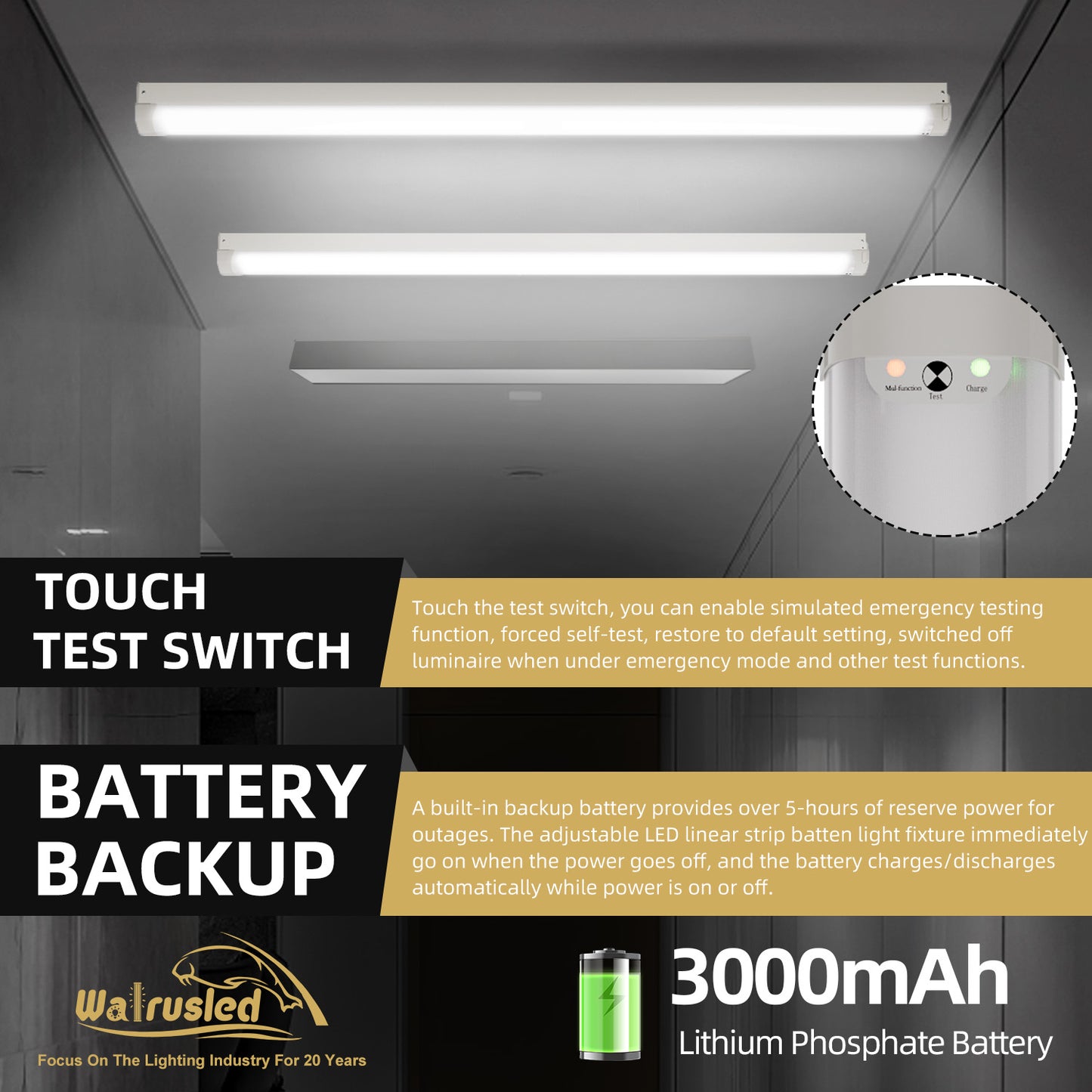 Walrusled 2FT Hallway LED Linear Strip Emergency Batten Light, 3 CCT Power Selectable, 10W/20W, 1250lm/2500lm, Battery Backup, 3000K/4000K/5000K, 2 Foot LED Linear Strip Shop Light Fixture, 60CM Flush Mount Garage Workshop Stairwell Ceiling Batten Light