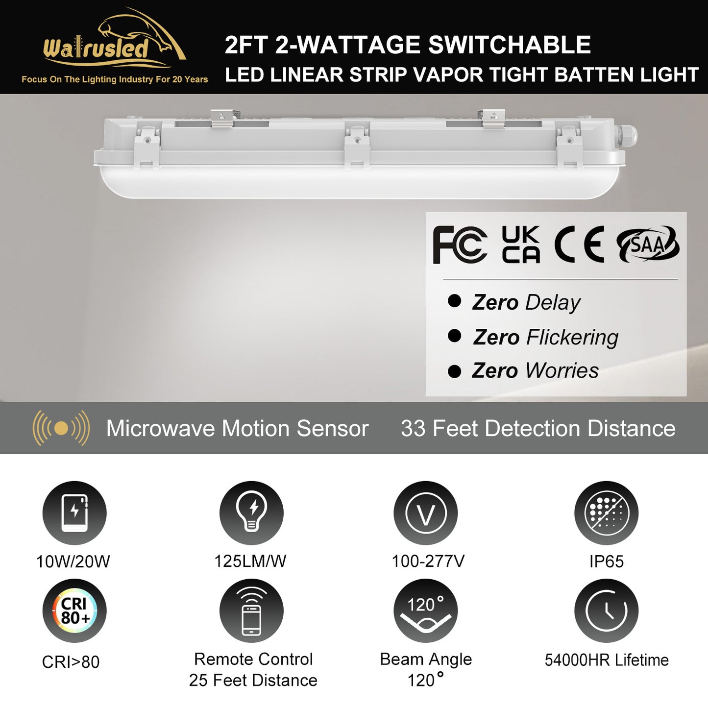 Walrusled 2FT Motion Sensor LED Linear Strip Vapor Tight Batten Light with Remote, 2 Wattages/2 Lumens Selectable, 10W/20W, 1250lm/2500lm, 5000K, IP65, 100-277V, Dimmable 2 Foot LED Tri Proof Light Fixture, 60CM Flush Mount Led Vapor Proof Ceiling Light