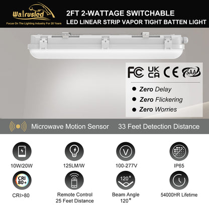 Walrusled 2FT Motion Sensor LED Linear Strip Vapor Tight Batten Light with Remote, 2 Wattages/2 Lumens Selectable, 10W/20W, 1250lm/2500lm, 5000K, IP65, 100-277V, Dimmable 2 Foot LED Tri Proof Light Fixture, 60CM Flush Mount Led Vapor Proof Ceiling Light