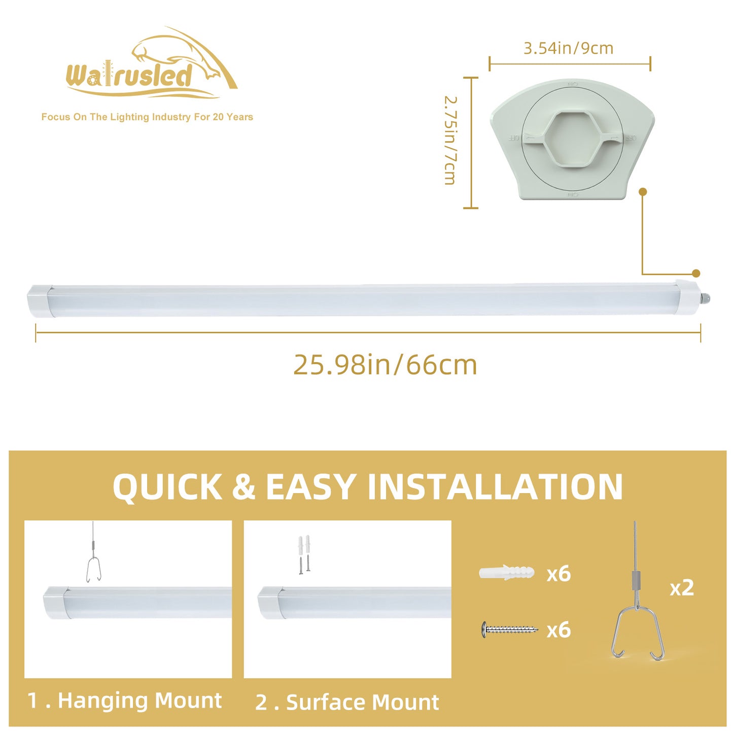 Walrusled 2FT Airport LED Tri Proof Batten Light, 20W, 2200lm, 5000K, IP66, IK10, 24 Inch Garage LED Vapor Tight Linear Tube Light, 2 Foot Tunnel LED Waterproof Dustproof Light Fixture, 60CM Flush Mount Stairwell Led Vapor Proof Batten Ceiling Light