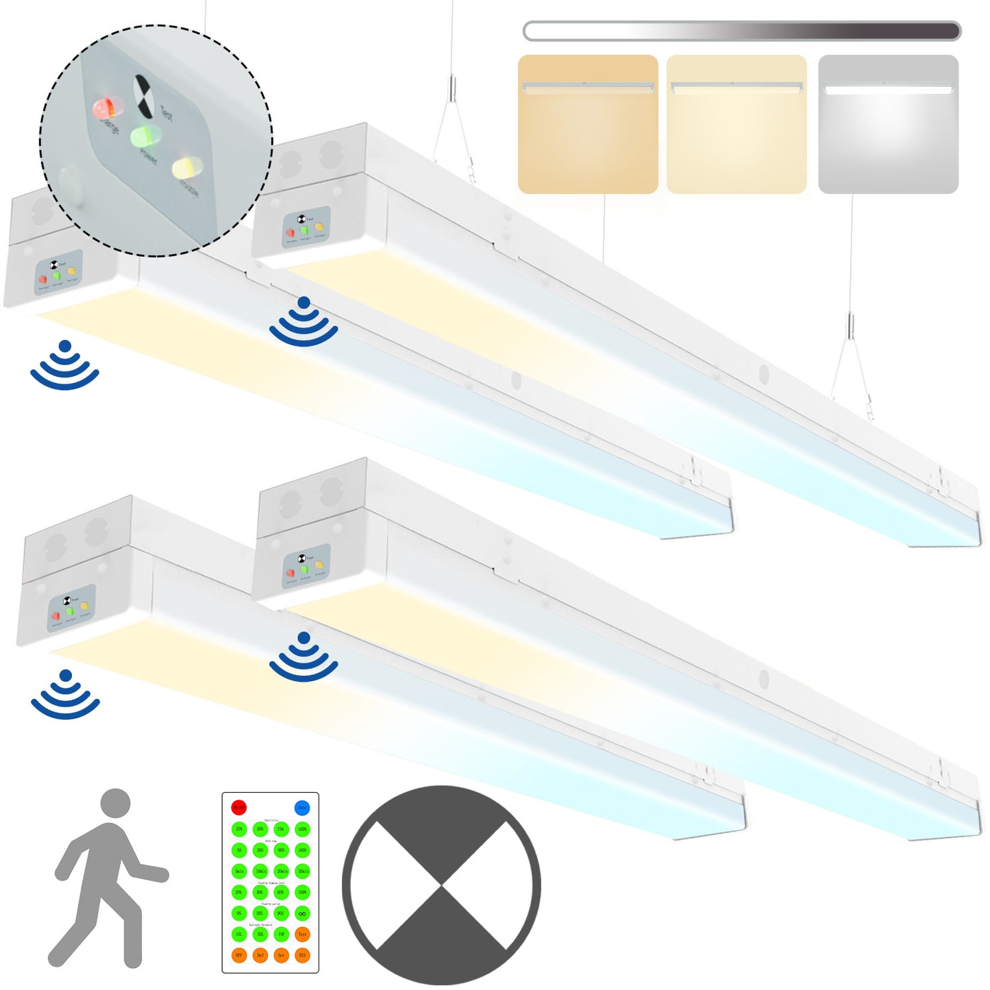 Walrusled 4FT Motion Sensor LED Wraparound Emergency Batten Light w/Remote, 3 CCT Power Selectable 20W/40W 2500lm/5000lm, Battery Backup, 3000K/4000K/5000K, IP20,  Dimmable 4 Foot LED Office Wrap Batten Light Fixture, 120CM Flush Mount LED Ceiling Light