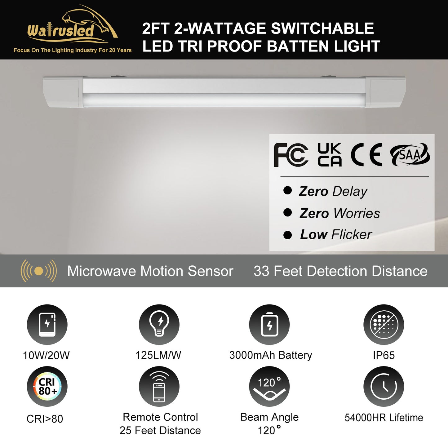 Walrusled 2FT Motion Sensor LED Tri Proof Emergency Batten Light, Power Selectable 10W/20W 1250lm/2500lm, Battery Backup, 5000K, IP65, IK10, Dimmable 2 Foot LED Waterproof Vapor Tight Linear Light Fixture, 60CM Flush Mount Led Vapor Proof Ceiling Light