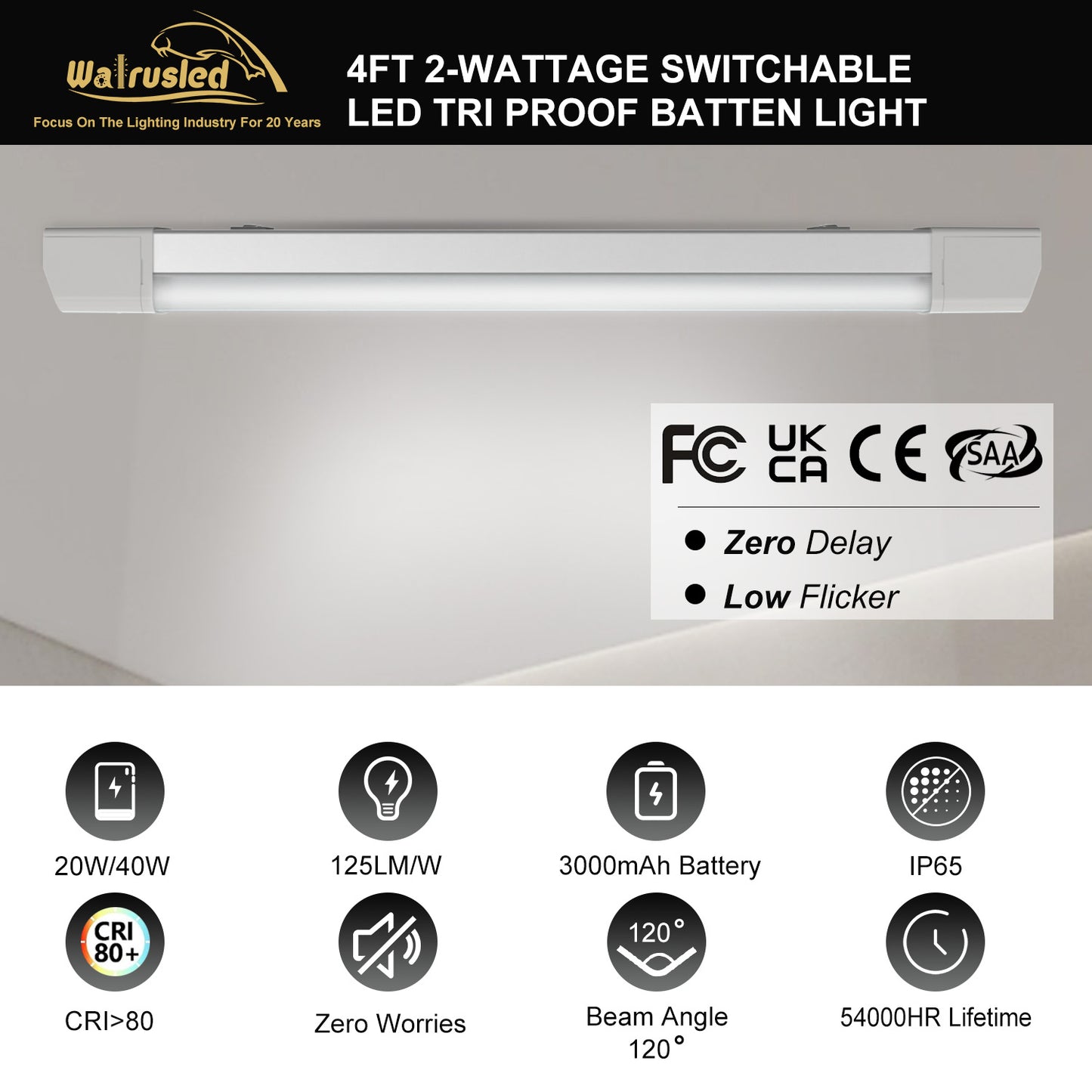 Walrusled 4FT LED Tri Proof Emergency Batten Light, Power Selectable, 20W/40W, 2500lm/5000lm, Battery Backup, 5000K, IP65, IK10, 4 Foot Garage LED Waterproof Vapor Tight Linear Tube Light Fixture, 120CM Flush Mount Tunnel Led Vapor Proof Ceiling Light