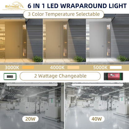 Walrusled 4FT Motion Sensor LED Wraparound Vapor Tight Emergency Batten Light, 3 CCT Power Selectable 20W/40W 2500lm/5000lm, Battery Backup, 3000K/4000K/5000K, IP65, Dimmable 4 Foot LED Wrap Waterproof Light, 120CM Flush Mount Vapor Proof Ceiling Fixture