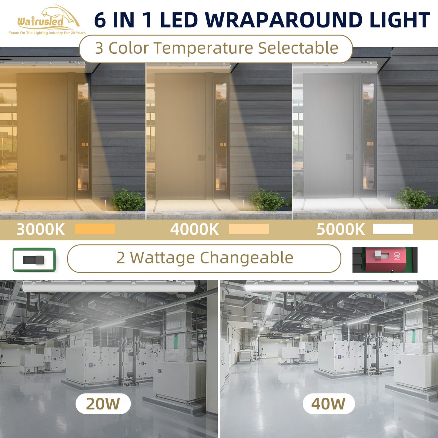 Walrusled 4FT Motion Sensor LED Wraparound Vapor Tight Batten Light, 2 Wattages/3 CCT Selectable 20W/40W 2500lm/5000lm 3000K/4000K/5000K, 100-277V, IP65, Dimmable 4 Foot LED Wrap Waterproof Light Fixture, 120CM Flush Mount Led Vapor Proof Ceiling Light