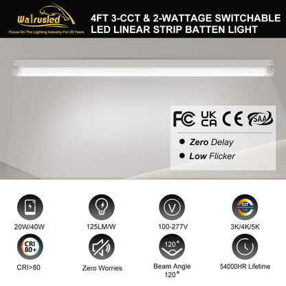 Walrusled 4FT LED Linear Strip Batten Light Fixture 2 Wattages/2 Lumens/3 CCT Selectable, 20W/40W, 2500lm/5000lm, 3000K/4000K/5000K, 100-277V, 4 Foot LED Shop Batten Pendant Light Fixture, Flush Mount Garage Workshop Hallway Stairwell Batten Ceiling Light