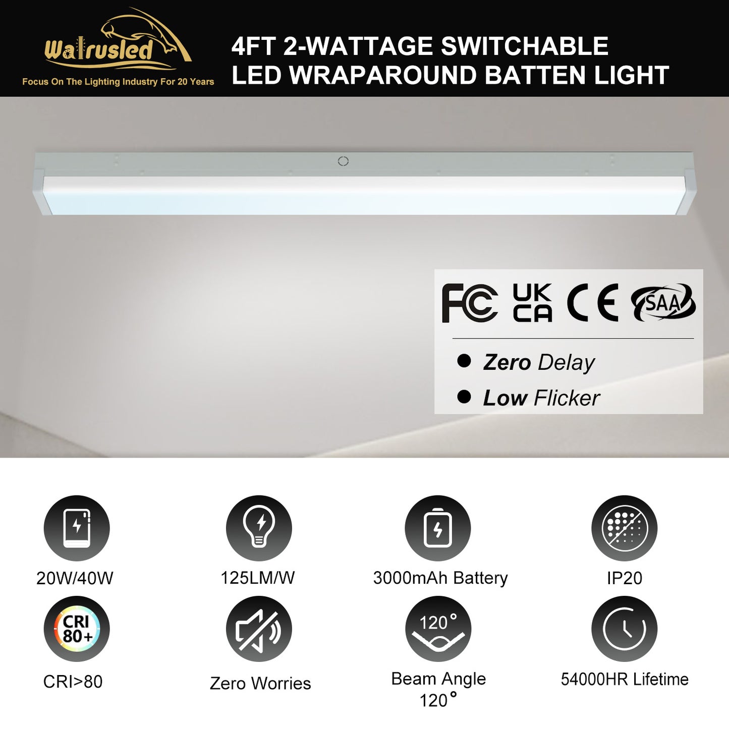 Walrusled 4FT LED Kitchen Wraparound Emergency Batten Light Fixture, Power Selectable 20W/40W 2500lm/5000lm, Battery Backup, 5000K, IP20, 4 Foot LED Garage Wrap Around Batten Light Fixture, 120CM Flush Mount LED Closet Stairwell Patio Batten Ceiling Light