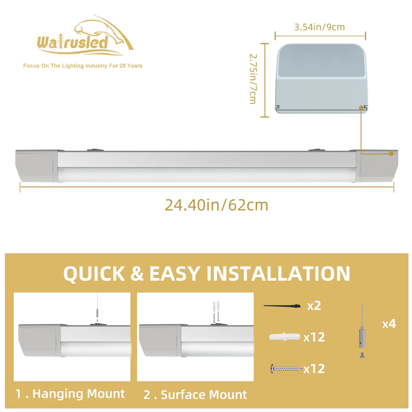 Walrusled 2FT LED Tri-Proof Notlichtleiste, Leistung wählbar, 10W/20W, 1250lm/2500lm, Batterie-Backup, 5000K, IP65, IK10, 2 Fuß wasserdichte, dampfdichte LED-Röhrenleuchte für die Garage, 60cm flächenbündig montierte, dampfdichte LED-Tunnel-Deckenleuchte