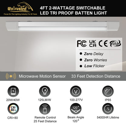 Walrusled 4FT Motion Sensor LED Tri Proof Batten Light, 2 Wattages/2 Lumens Selectable 20W/40W 2500lm/5000lm, 5000K, IP65, 100-277V, IK10, Dimmable 4 Foot LED Waterproof Vapor Tight Linear Tube Light Fixture, 120CM Flushmount Led Vapor Proof Ceiling Light