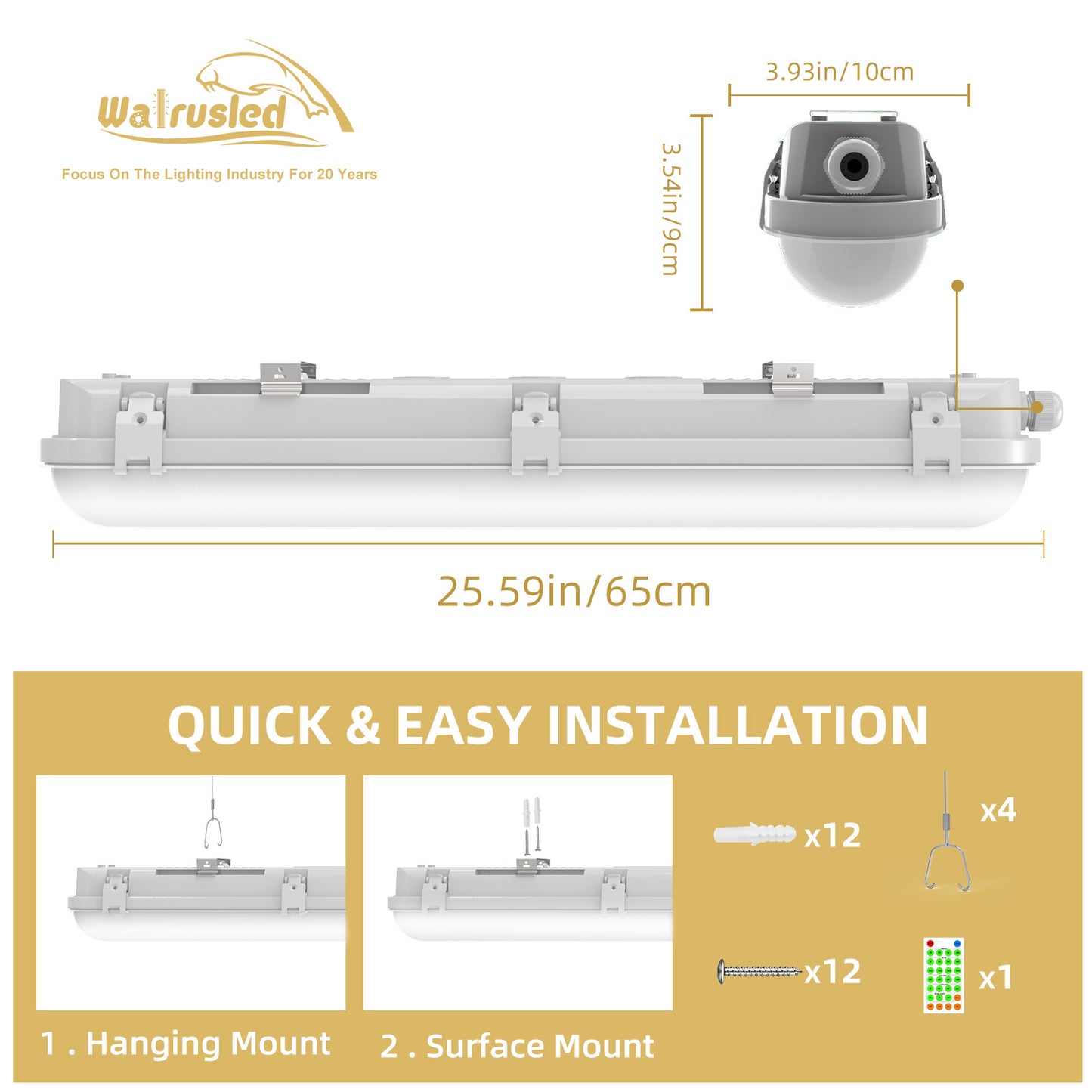 Walrusled 2FT Motion Sensor LED Linear Strip Vapor Tight Batten Light with Remote, 2 Wattages/2 Lumens Selectable, 10W/20W, 1250lm/2500lm, 5000K, IP65, 100-277V, Dimmable 2 Foot LED Tri Proof Light Fixture, 60CM Flush Mount Led Vapor Proof Ceiling Light