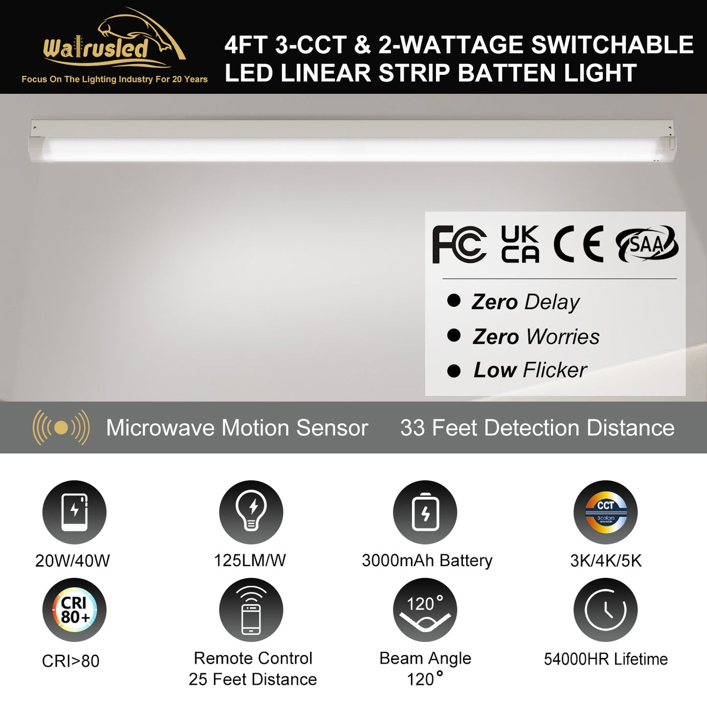 Walrusled 4-Fuß-LED-Streifen-Notfall-Pendelleuchte mit Bewegungsmelder und Fernbedienung, 3 CCT-Leistung wählbar, 20 W/40 W, 2500 lm/5000 lm, Batterie-Backup, 3000 K/4000 K/5000 K, dimmbare Unterputz-LED-Streifen-Deckenleuchte für Geschäfte und Garagen