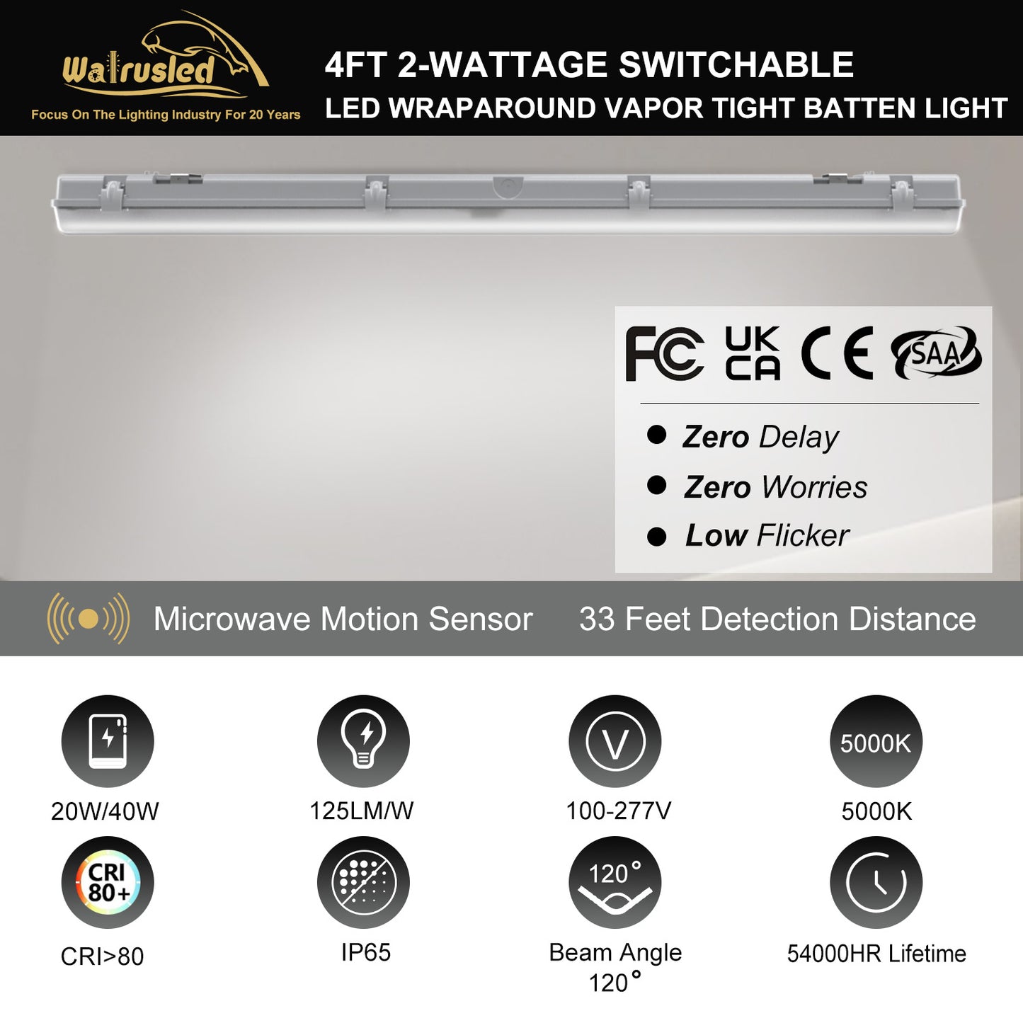 Walrusled 4FT Motion Sensor LED Wraparound Vapor Tight Batten Light, 2 Wattages/2 Lumens Selectable, 20W/40W, 2500lm/5000lm, 5000K, IP65, 100-277V, Dimmable 4 Foot LED Wrap Waterproof Light Fixture, 120CM Flush Mount Led Vapor Proof Batten Ceiling Light