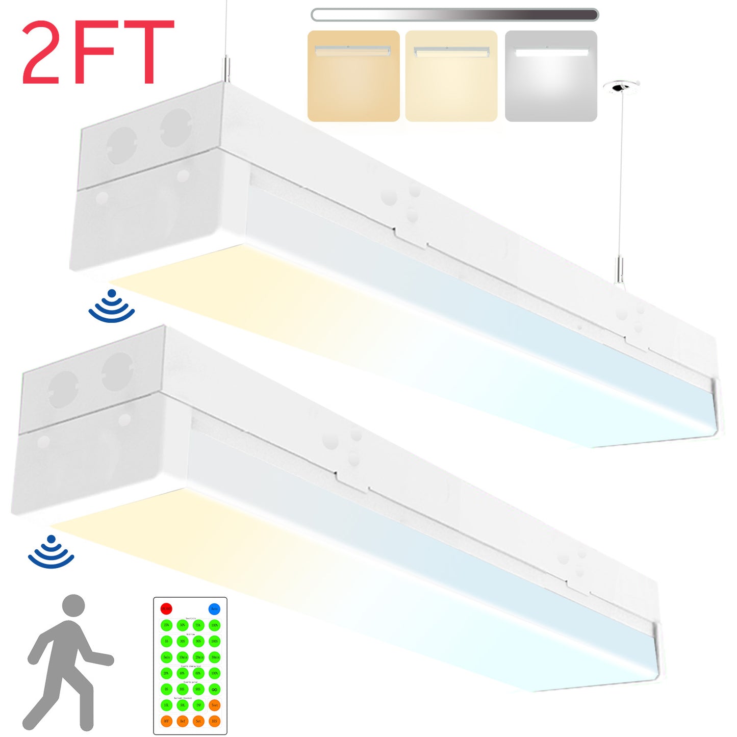 Walrusled 2FT Motion Sensor LED Stairwell Wraparound Batten Light with Remote, 2 Wattages/2 Lumens/3 CCT Selectable, 10W/20W 1250lm/2500lm, 3000K/4000K/5000K,100-277V, IP20, Dimmable 2 Foot LED Wrap Batten Light Fixture, 60CM Flush Mount LED Ceiling Light