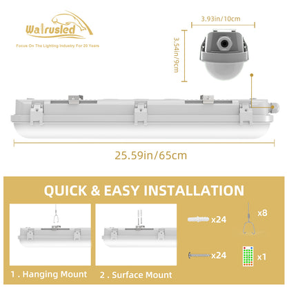 Walrusled 2FT Motion Sensor LED Linear Strip Vapor Tight Emergency Batten Light w/Remote, Power Selectable, 10W/20W, 1250lm/2500lm, Battery Backup, 5000K, IP65, Dimmable 2 Foot Flush Mount LED Tri Proof Light, 60CM Tunnel Led Vapor Proof Ceiling Fixture