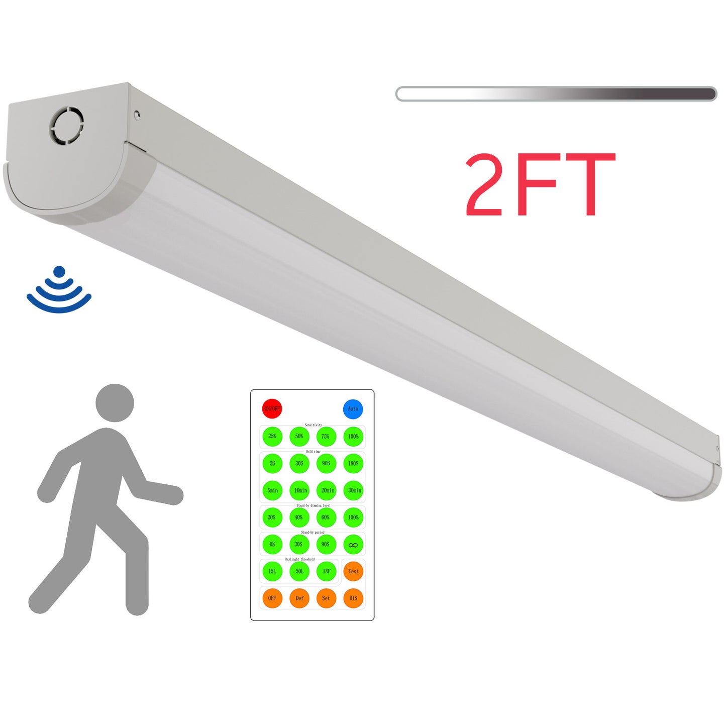 Walrusled 2FT LED-Lichtleiste mit Bewegungsmelder und Fernbedienung für die Küche, 2 Watt/2 Lumen wählbar, 10W/20W, 1250lm/2500lm, 5000K, 100-277V, dimmbar, 2 Fuß LED-Lichtleiste für Geschäfte, 60CM bündig montierte LED-Lichtleiste für die Garagendecke