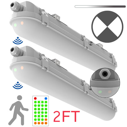 Walrusled 2FT Motion Sensor LED Linear Strip Vapor Tight Emergency Batten Light w/Remote, Power Selectable, 10W/20W, 1250lm/2500lm, Battery Backup, 5000K, IP65, Dimmable 2 Foot Flush Mount LED Tri Proof Light, 60CM Tunnel Led Vapor Proof Ceiling Fixture