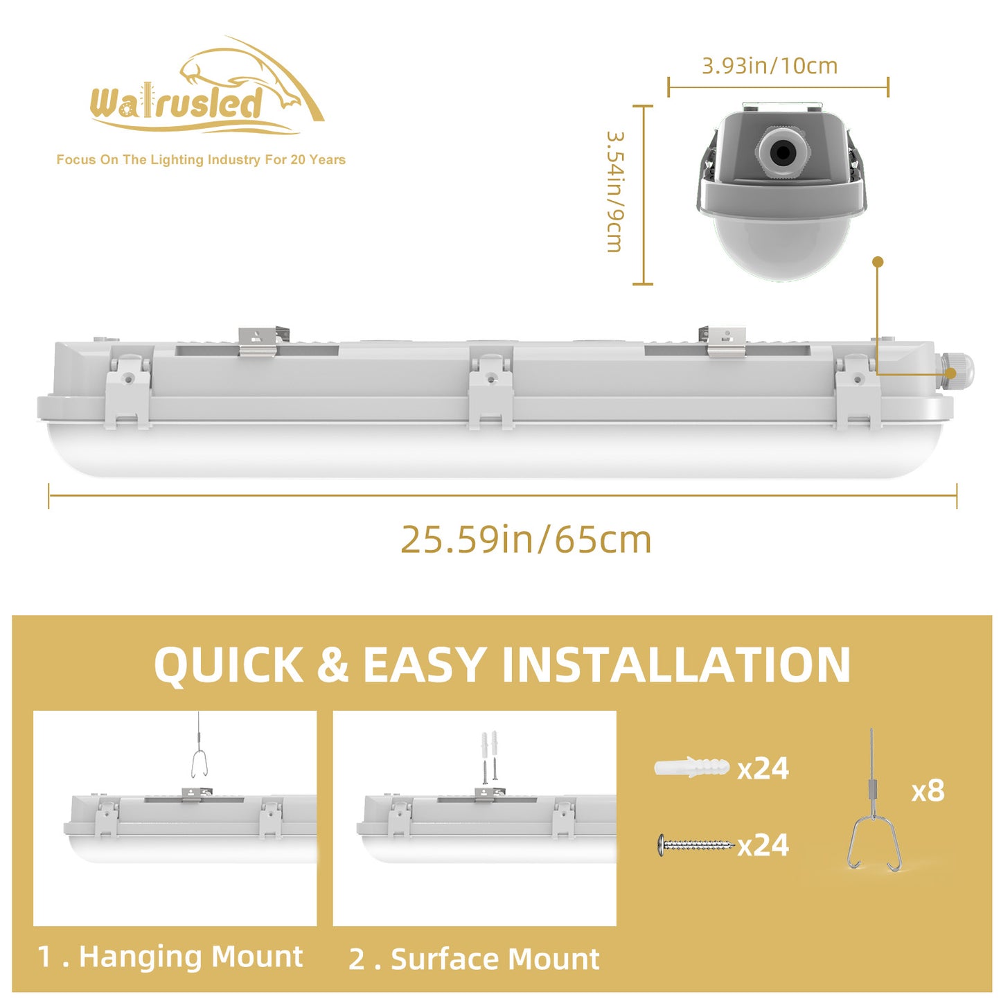 Walrusled 2FT Stairwell LED Linear Strip Vapor Tight Emergency Batten Light, Power Selectable, 10W/20W, 1250lm/2500lm, Battery Backup, 5000K, IP65, 2 Foot Garage LED Tri Proof Light Fixture, 60CM Flush Mount Tunnel Led Vapor Proof Ceiling Batten Light