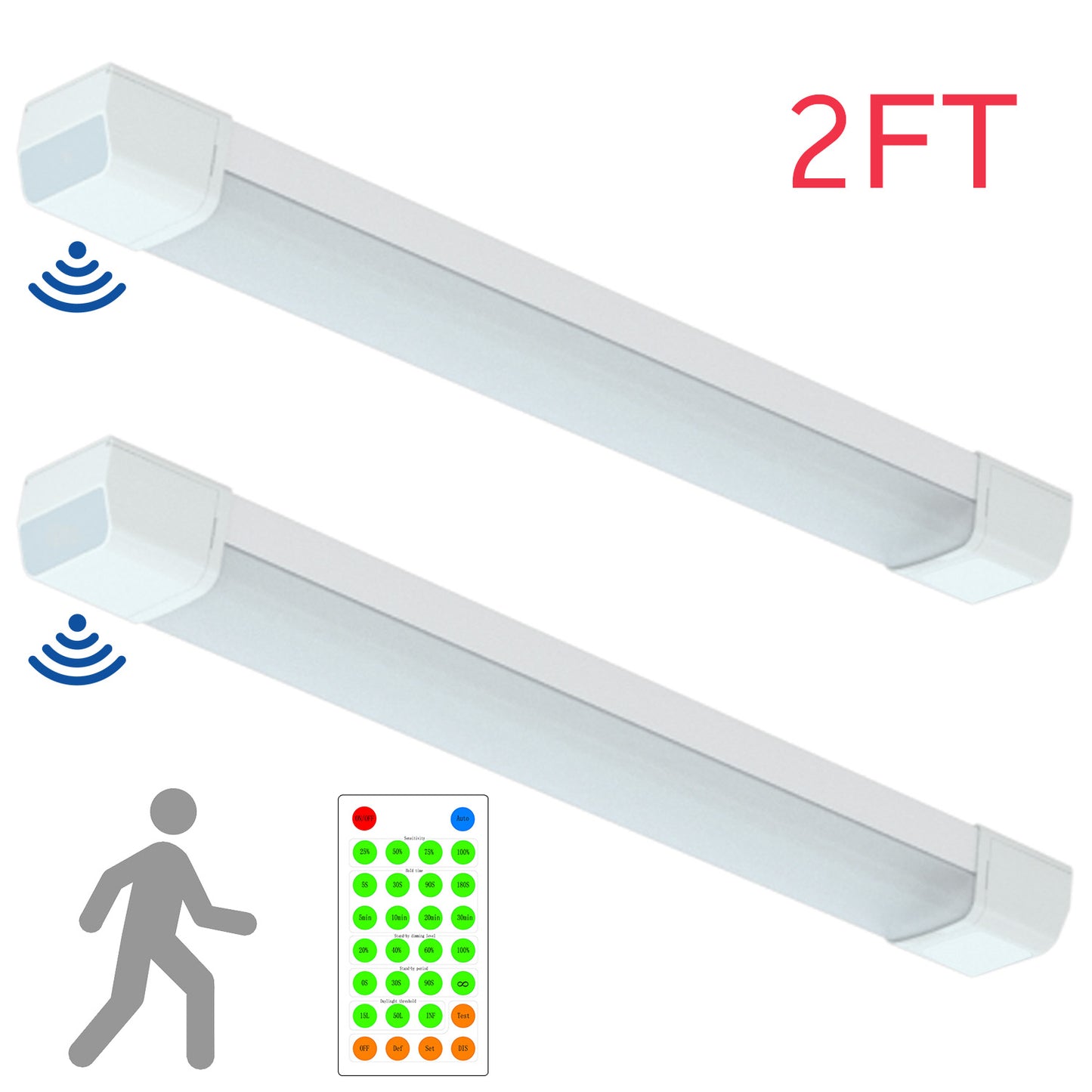 Walrusled 2FT Motion Sensor LED Tri Proof Batten Light, 2 Wattages/2 Lumens Selectable 10W/20W 1250lm/2500lm, 5000K, IP65, 100-277V, IK10, Dimmable 2 Foot LED Waterproof Vapor Tight Linear Tube Light Fixture, 60CM Flush Mount Led Vapor Proof Ceiling Light