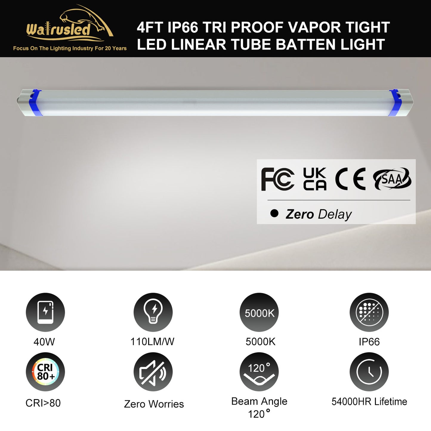 Walrusled 4FT Airport LED Tri Proof Batten Light, 40W, 4400lm, 5000K, IP66, IK10, 48 Inch Garage LED Vapor Tight Linear Tube Light , 4 Foot Tunnel LED Waterproof Dustproof Light Fixture, 120CM Flush Mount Stairwell Led Vapor Proof Batten Ceiling Light