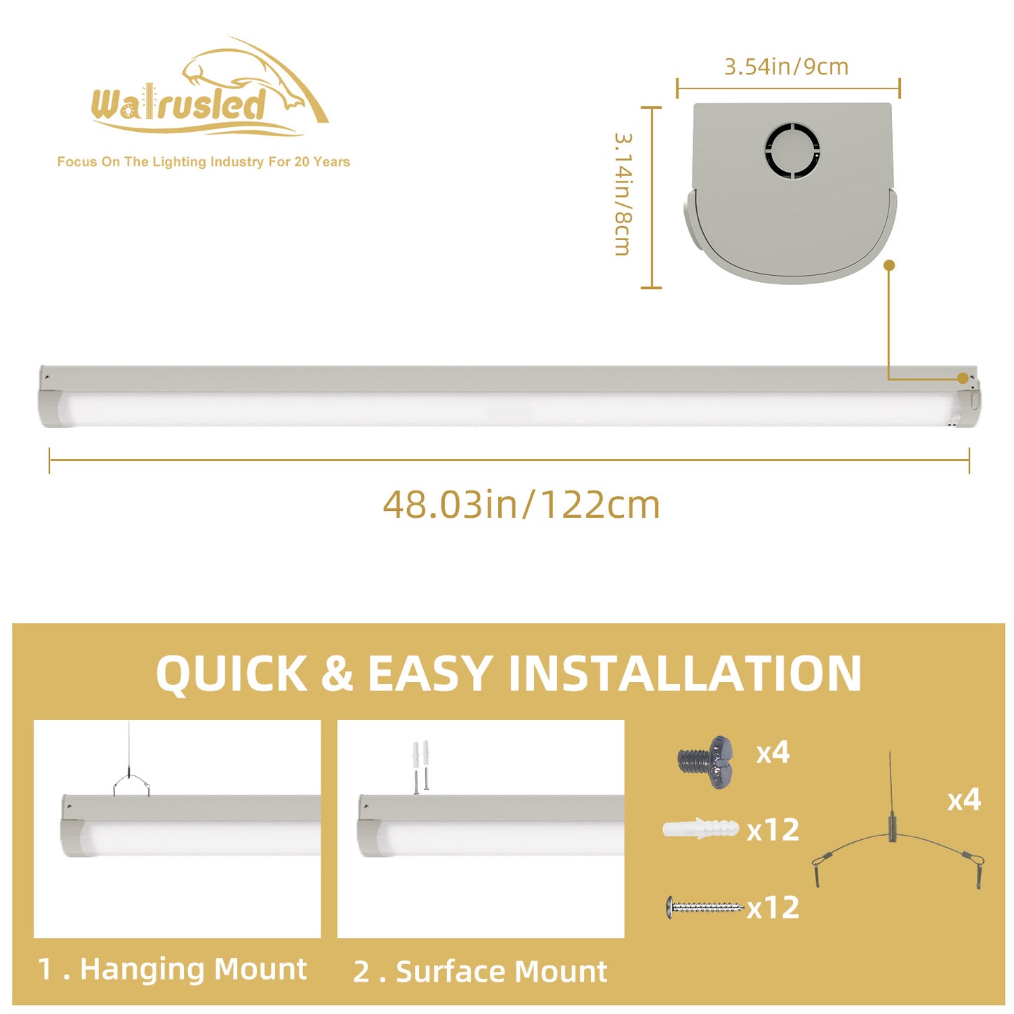 Walrusled 4FT LED Linear Strip Batten Light Fixture 2 Wattages/2 Lumens/3 CCT Selectable, 20W/40W, 2500lm/5000lm, 3000K/4000K/5000K, 100-277V, 4 Foot LED Shop Batten Pendant Light Fixture, Flush Mount Garage Workshop Hallway Stairwell Batten Ceiling Light