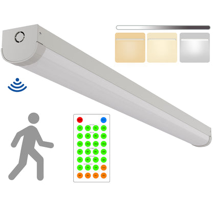 Walrusled 4FT Motion Sensor LED Linear Strip Batten Light with Remote, 2 Wattages/2 Lumens/3 CCT Selectable, 20W/40W, 2500lm/5000lm, 3000K/4000K/5000K, Dimmable 4 Foot LED Shop Batten Pendant Light Fixture, Flush Mount Garage Hallway Ceiling Batten Light