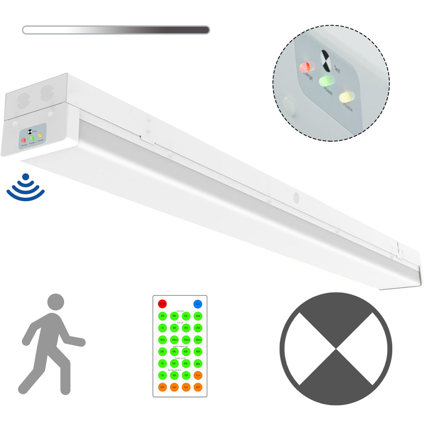 Walrusled 4FT Motion Sensor LED Patio Wraparound Emergency Batten Light w/Remote, Power Selectable, 20W/40W 2500lm/5000lm, Battery Backup, 5000K, IP20, Dimmable 4 Foot LED Office Wrap Around Batten Light Fixture, 120CM Flush Mount LED Garage Ceiling Light