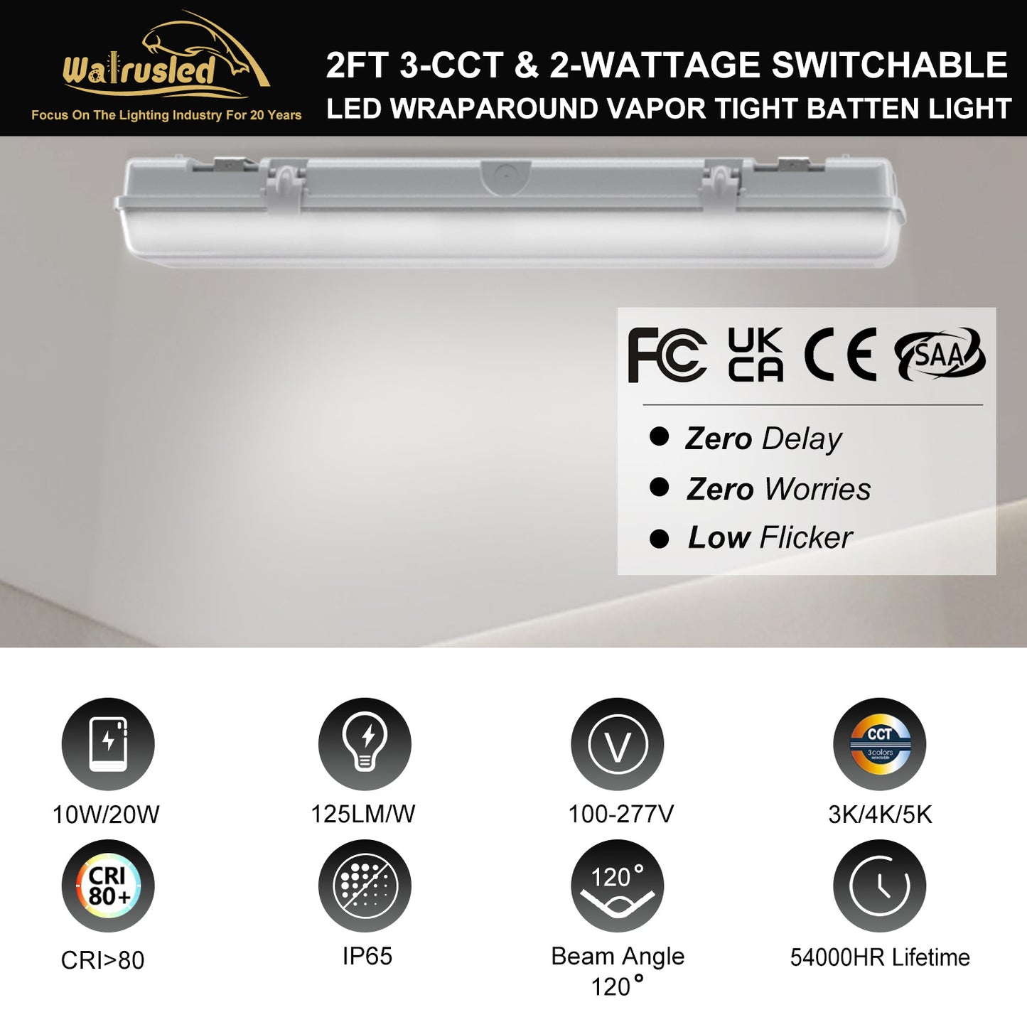 Walrusled 2FT LED-Garagen-Rundum-Dampfdichte Lichtleiste, 2 Wattagen/2 Lumen/3 CCT wählbar, 10W/20W, 1250lm/2500lm, 3000K/4000K/5000K, IP65, IK08, 100-277V, 2 Fuß lange wasserdichte LED-Rundum-Leuchte, 120CM bündig montierte dampfdichte LED-Deckenleuchte