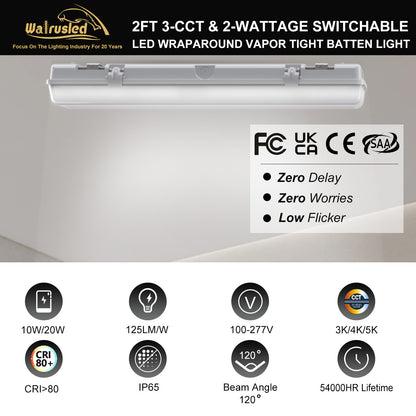 Walrusled 2FT LED-Garagen-Rundum-Dampfdichte Lichtleiste, 2 Wattagen/2 Lumen/3 CCT wählbar, 10W/20W, 1250lm/2500lm, 3000K/4000K/5000K, IP65, IK08, 100-277V, 2 Fuß lange wasserdichte LED-Rundum-Leuchte, 120CM bündig montierte dampfdichte LED-Deckenleuchte