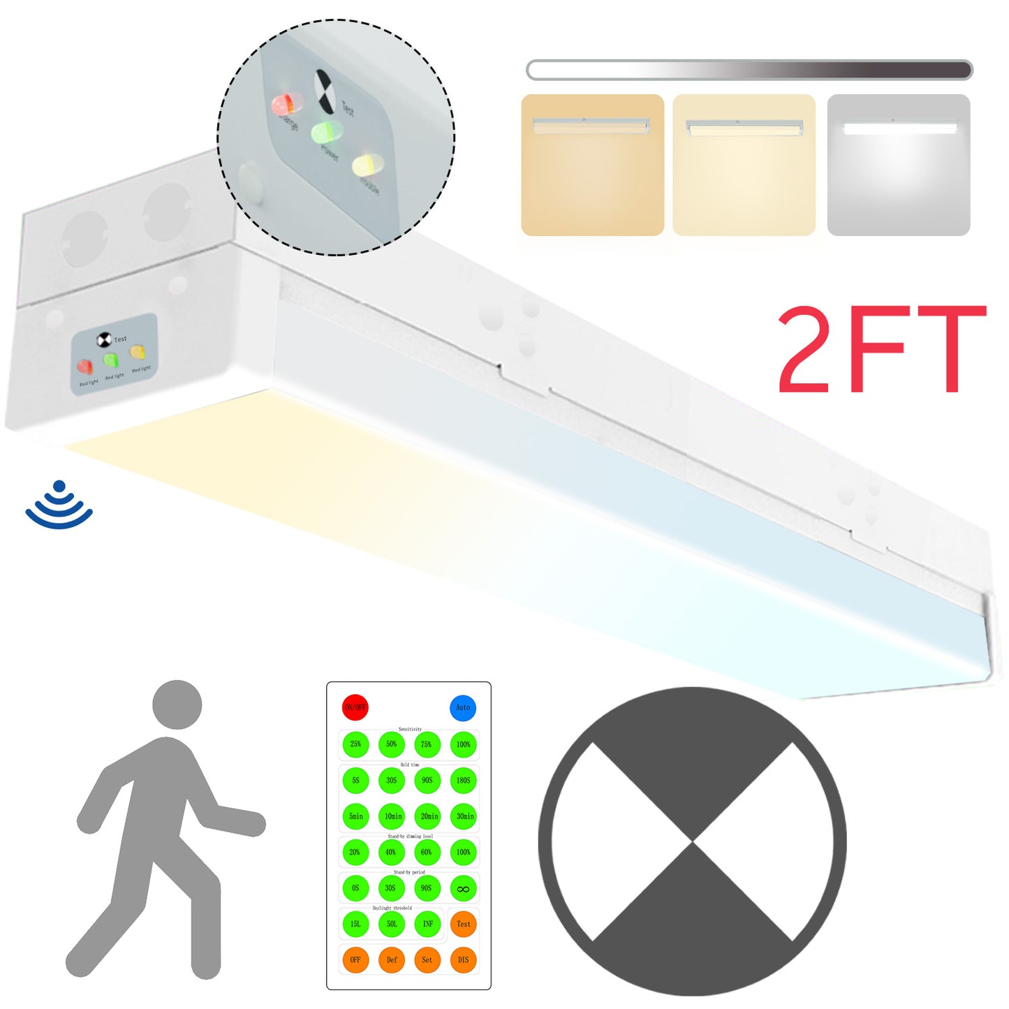 Walrusled Lampe d'urgence LED avec détecteur de mouvement de 0,6 m avec télécommande, puissance 3 CCT sélectionnable, 10 W/20 W, 1250 lm/2500 lm, batterie de secours, 3000 K/4000 K/5000 K, IP20, intensité variable, 60 cm, montage encastré Plafonnier LED