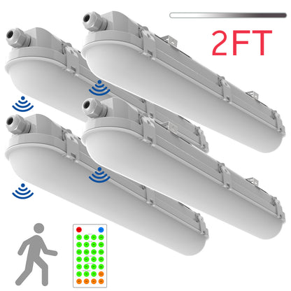 Walrusled 2FT Motion Sensor LED Linear Strip Vapor Tight Batten Light with Remote, 2 Wattages/2 Lumens Selectable, 10W/20W, 1250lm/2500lm, 5000K, IP65, 100-277V, Dimmable 2 Foot LED Tri Proof Light Fixture, 60CM Flush Mount Led Vapor Proof Ceiling Light