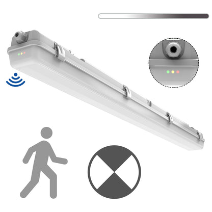 Walrusled 4FT Motion Sensor LED Wraparound Vapor Tight Emergency Batten Light, Power Selectable 20W/40W 2500lm/5000lm, Battery Backup, 5000K, IP65, Dimmable 4 Foot LED Wrap Waterproof Light Fixture, 120CM Flush Mount Led Vapor Proof Batten Ceiling Light