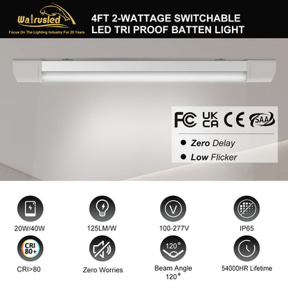 Walrusled 4FT Airport LED Tri Proof Batten Light 2 Wattages/2 Lumens Selectable 20W/40W 2500lm/5000lm, 5000K, IP65, IK10, 100-277V, 4 Foot Garage LED Waterproof Vapor Tight Linear Tube Light Fixture, 120CM Flush Mount Tunnel Led Vapor Proof Ceiling Light