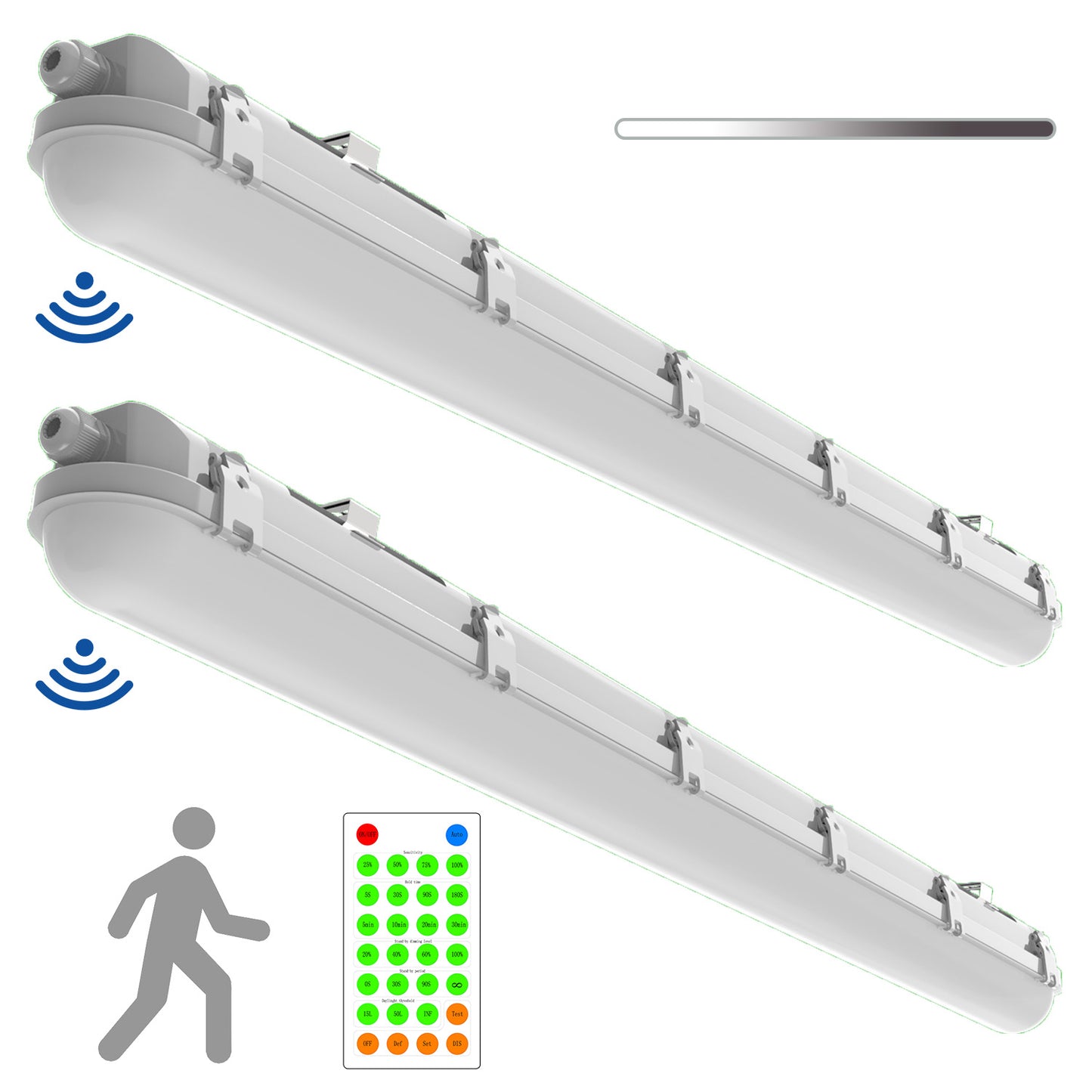 Walrusled 4FT Motion Sensor LED Linear Strip Vapor Tight Batten Light with Remote, 2 Wattages/2 Lumens Selectable, 20W/40W, 2500lm/5000lm, 5000K, IP65, 100-277V, Dimmable 4 Foot LED Tri Proof Light Fixture, 120CM Flush Mount Led Vapor Proof Ceiling Light