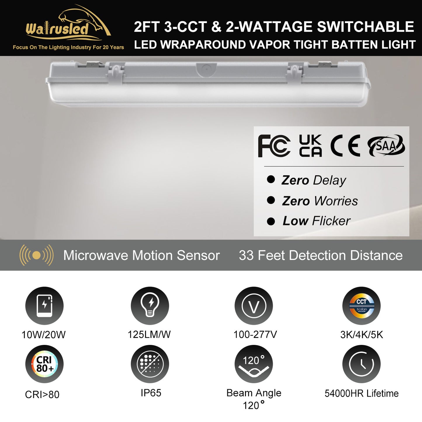 Walrusled 2FT LED-Rundum-Dampfdichte Lichtleiste mit Bewegungsmelder, 2 Wattagen/3 CCT wählbar 10W/20W 1250lm/2500lm 3000K/4000K/5000K, IP65, IK08, dimmbare 2 Fuß LED-Tunnel-Wickel-Wasserdichte Leuchte, 60CM bündig montierte dampfdichte LED-Deckenleuchte