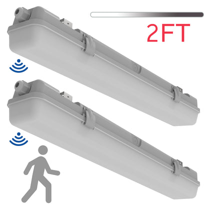 Walrusled 2FT Motion Sensor LED Wraparound Vapor Tight Batten Light, 2 Wattages/2 Lumens Selectable, 10W/20W 1250lm/2500lm 5000K, IP65, IK08, Dimmable 2 Foot LED Tunnel Wrap Waterproof Light Fixture, 60CM Flush Mount LED Vapor Proof Batten Ceiling Light