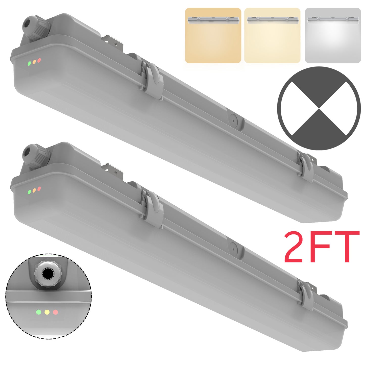 Walrusled 2FT LED Rundum-Notlichtleiste, dampfdicht, 3 CCT-Leistung wählbar, 10W/20W, 1250lm/2500lm, Batterie-Backup, 3000K/4000K/5000K, IP65, IK08, 2 Fuß lange wasserdichte LED-Garagen-Rundum-Leuchte, 60CM bündig montierte dampfdichte LED-Deckenleuchte