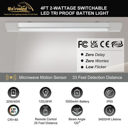 Walrusled 4FT Motion Sensor LED Tri Proof Emergency Batten Light, Power Selectable 20W/40W 2500lm/5000lm, Battery Backup, 5000K, IP65, IK10, Dimmable 4 Foot LED Waterproof Vapor Tight Linear Light Fixture, 120CM Flush Mount Led Vapor Proof Ceiling Light