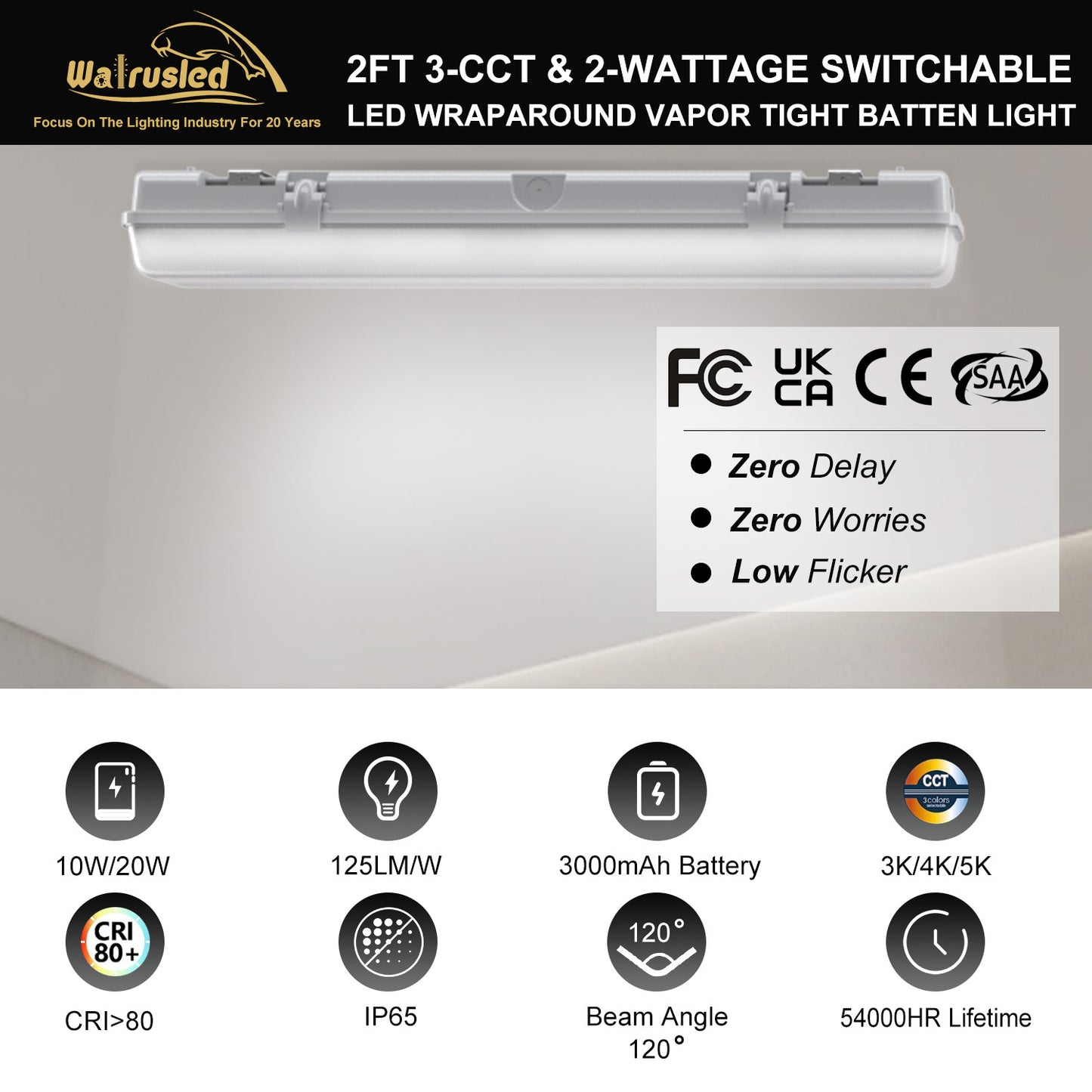 Walrusled 2FT LED Rundum-Notlichtleiste, dampfdicht, 3 CCT-Leistung wählbar, 10W/20W, 1250lm/2500lm, Batterie-Backup, 3000K/4000K/5000K, IP65, IK08, 2 Fuß lange wasserdichte LED-Garagen-Rundum-Leuchte, 60CM bündig montierte dampfdichte LED-Deckenleuchte