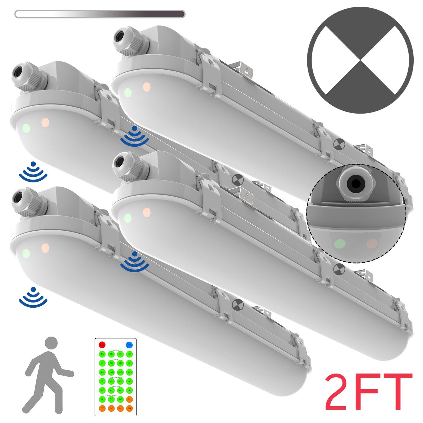 Walrusled 2FT Motion Sensor LED Linear Strip Vapor Tight Emergency Batten Light w/Remote, Power Selectable, 10W/20W, 1250lm/2500lm, Battery Backup, 5000K, IP65, Dimmable 2 Foot Flush Mount LED Tri Proof Light, 60CM Tunnel Led Vapor Proof Ceiling Fixture