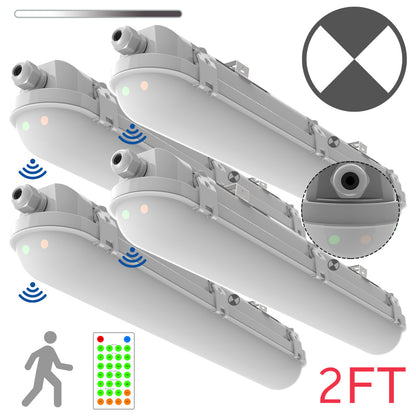 Walrusled 2FT Motion Sensor LED Linear Strip Vapor Tight Emergency Batten Light w/Remote, Power Selectable, 10W/20W, 1250lm/2500lm, Battery Backup, 5000K, IP65, Dimmable 2 Foot Flush Mount LED Tri Proof Light, 60CM Tunnel Led Vapor Proof Ceiling Fixture