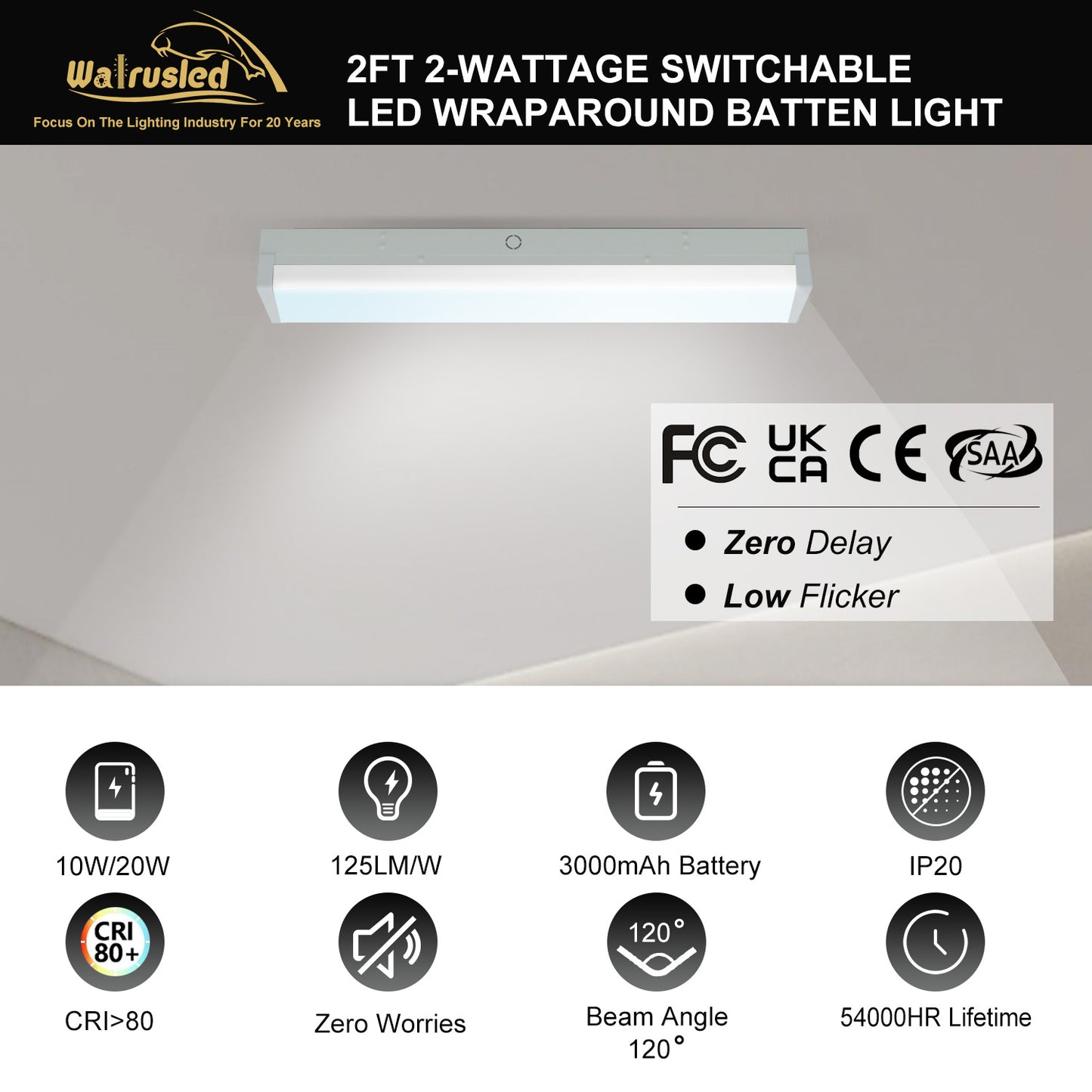 Walrusled 2FT LED Kitchen Wraparound Emergency Batten Light Fixture, Power Selectable 10W/20W, 1250lm/2500lm, Battery Backup, 5000K, IP20, 2 Foot LED Garage Wrap Around Batten Light Fixture, 60CM Flush Mount LED Closet Stairwell Patio Batten Ceiling Light