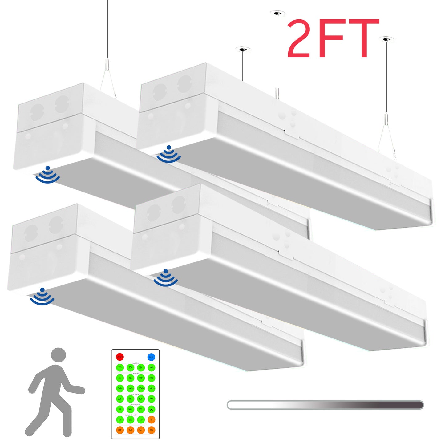 Walrusled 2FT Motion Sensor LED Stairwell Wraparound Batten Light with Remote, 2 Wattages/2 Lumens Selectable, 10W/20W, 1250lm/2500lm, 5000K, 100-277V, IP20, Dimmable 2 Foot LED Wrap Around Batten Light Fixture, 60CM Flush Mount LED Garage Ceiling Light