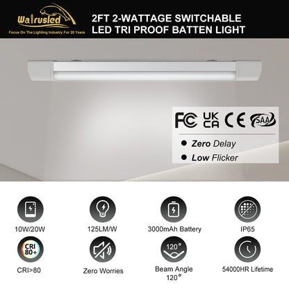 Walrusled 2FT LED Tri-Proof Notlichtleiste, Leistung wählbar, 10W/20W, 1250lm/2500lm, Batterie-Backup, 5000K, IP65, IK10, 2 Fuß wasserdichte, dampfdichte LED-Röhrenleuchte für die Garage, 60cm flächenbündig montierte, dampfdichte LED-Tunnel-Deckenleuchte