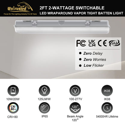 Walrusled 2FT LED Garage Wraparound Vapor Tight Batten Light 2 Wattages/2 Lumens Selectable, 10W/20W, 1250lm/2500lm, 5000K, IP65, IK08, 100-277V, 2 Foot LED Stairwell Wrap Waterproof Light Fixture, 60CM Flush Mount Led Tunnel Vapor Proof Ceiling Light