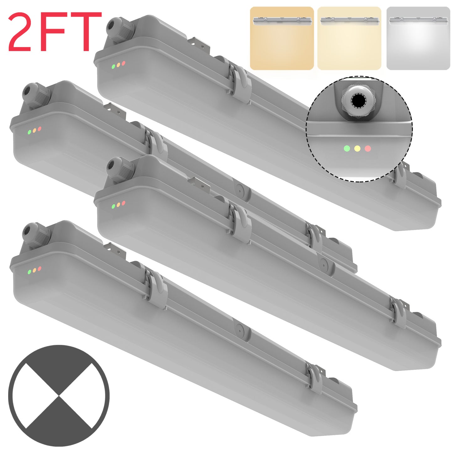 Walrusled 2FT LED Rundum-Notlichtleiste, dampfdicht, 3 CCT-Leistung wählbar, 10W/20W, 1250lm/2500lm, Batterie-Backup, 3000K/4000K/5000K, IP65, IK08, 2 Fuß lange wasserdichte LED-Garagen-Rundum-Leuchte, 60CM bündig montierte dampfdichte LED-Deckenleuchte