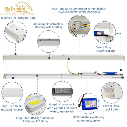 Walrusled 4-Fuß-LED-Streifen-Notfall-Pendelleuchte mit Bewegungsmelder und Fernbedienung, 3 CCT-Leistung wählbar, 20 W/40 W, 2500 lm/5000 lm, Batterie-Backup, 3000 K/4000 K/5000 K, dimmbare Unterputz-LED-Streifen-Deckenleuchte für Geschäfte und Garagen