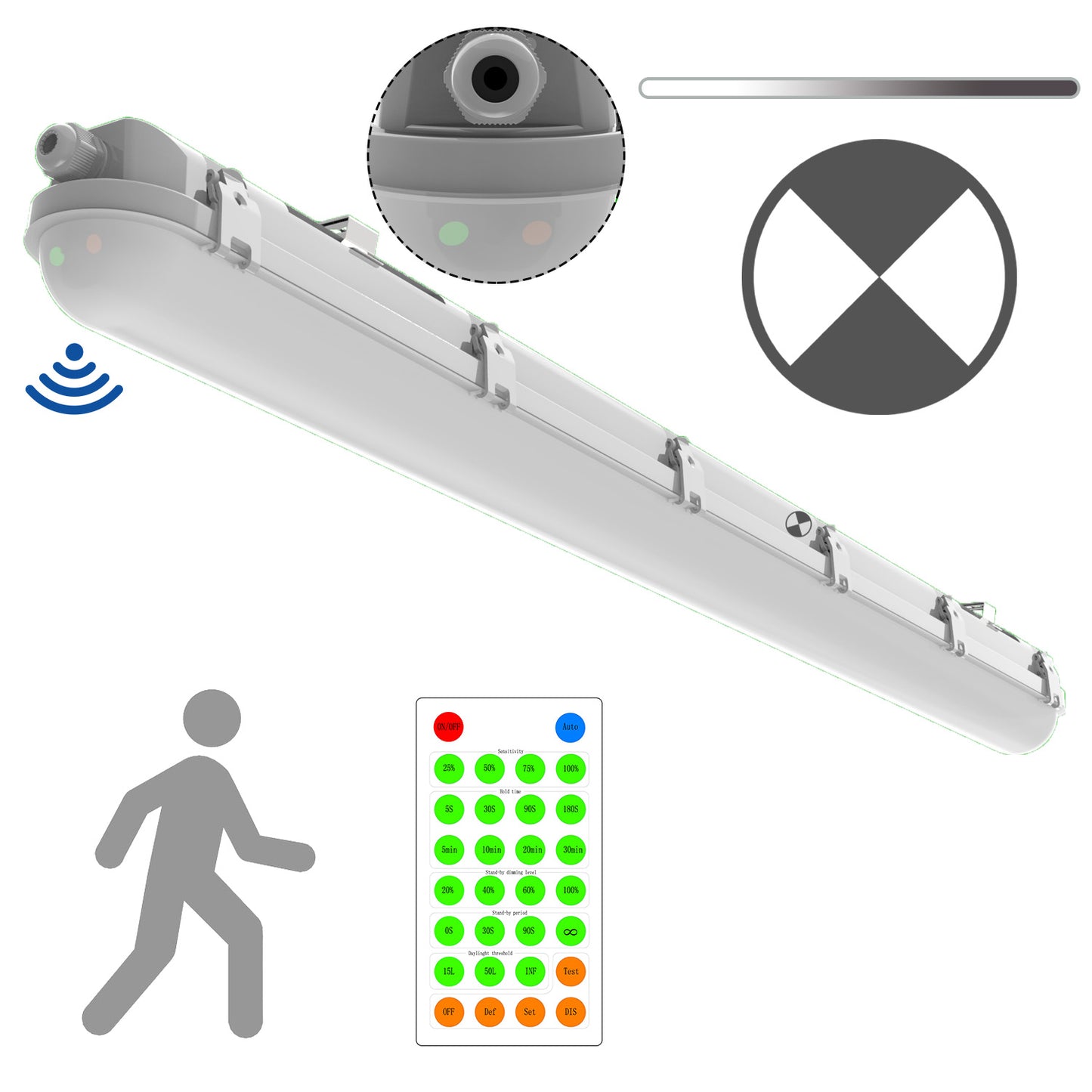 Walrusled 4FT Motion Sensor LED Linear Strip Vapor Tight Emergency Batten Light w/Remote, Power Selectable, 20W/40W, 2500lm/5000lm, Battery Backup, 5000K, IP65, Dimmable 4 Foot Flush Mount LED Tri Proof Light, 120CM Tunnel Led Vapor Proof Ceiling Fixture