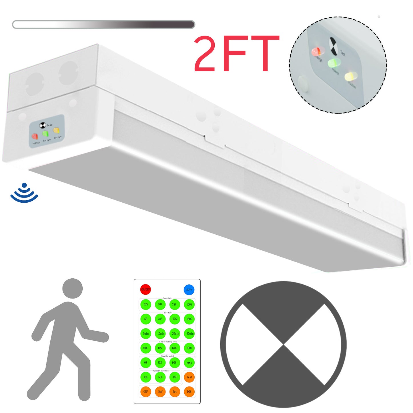 Walrusled 2FT Motion Sensor LED Patio Wraparound Emergency Batten Light w/Remote, Power Selectable, 10W/20W, 1250lm/2500lm, Battery Backup, 5000K, IP20, Dimmable 2 Foot LED Office Wrap Around Batten Light Fixture, 60CM Flush Mount LED Garage Ceiling Light